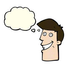 cartoon grinning man with thought bubble