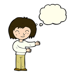 cartoon woman gesturing welcome with thought bubble