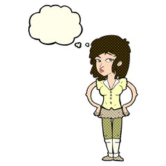 cartoon pretty woman with hands on hips with thought bubble
