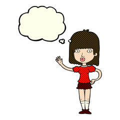 cartoon woman waving with thought bubble