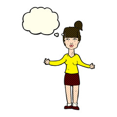 cartoon woman shrugging shoulders with thought bubble