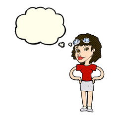 cartoon retro pilot woman with thought bubble