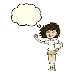 cartoon woman waving with thought bubble