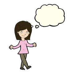 cartoon woman with no worries with thought bubble