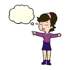 cartoon happy woman pointing with thought bubble