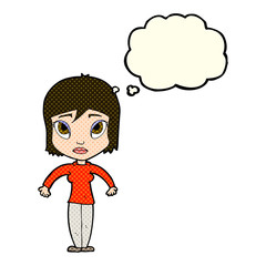 Obraz premium cartoon woman shrugging shoulders with thought bubble