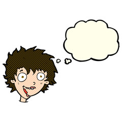 cartoon crazy excited woman with thought bubble