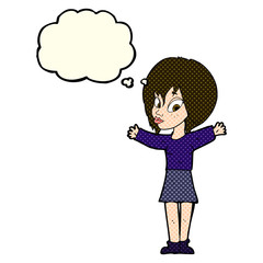 cartoon woman with open arms with thought bubble