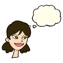 cartoon happy female face with thought bubble