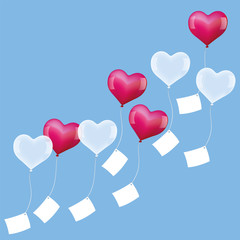Heart shaped balloons with blank letters are sent out to come true at valentines day, birthday or during a wedding celebration. Vector illustration on blue background.