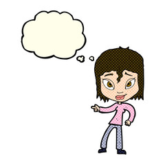 cartoon relaxed woman pointing with thought bubble
