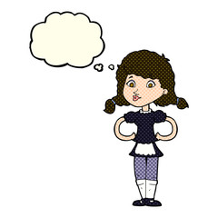 cartoon happy waitress woman with thought bubble