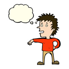 cartoon man making dismissive gesture with thought bubble
