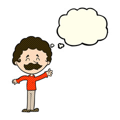 cartoon man with mustache waving with thought bubble