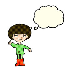 cartoon boy in poor clothing giving thumbs up symbol with though