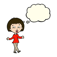 cartoon woman shrugging shoulders with thought bubble