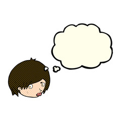 cartoon female face with raised eyebrow with thought bubble