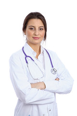 Friendly smiling young female doctor, isolated over white background