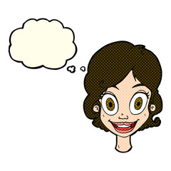 cartoon happy woman with thought bubble