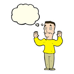 cartoon man surrendering with thought bubble