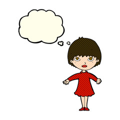 cartoon woman in dress with thought bubble