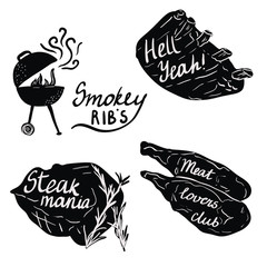 Lettering on meat and ribs for bbq party or grill restaurant. Black and white illustrations.