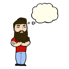 cartoon serious man with beard with thought bubble