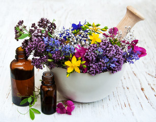 wild flower and herb leaf in mortar