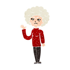 cartoon annoyed old woman waving