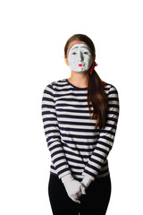 Girl model mime with greasepaint on a white background. isolated