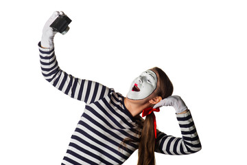 Girl model with mime make-up on a white background. photographer. isolated