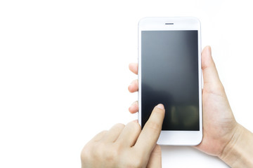 Hand holding and touching Smartphone isolate on white background