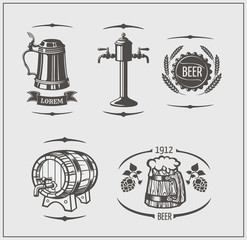 Beer set: mugs, barrel, wheat, beer labels and logos. Isolated elements for Oktoberfest.