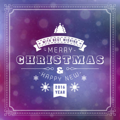 Christmas Postcard Decoration with Vintage Typographic Badge and Colorful Blurred Background. Vector Illustration. Eps 10