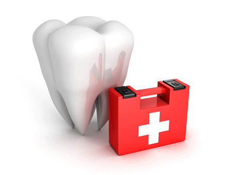 Healthy Tooth And Medical Kit on white background