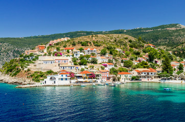 Fototapeta na wymiar Assos on the Island of Kefalonia in Greece. View of beautiful bay of Assos village, Kefalonia island, Greece