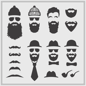 Vector constructor with different hipster glasses, beards, mustaches, ties and bow ties. Hipster design on gray background.