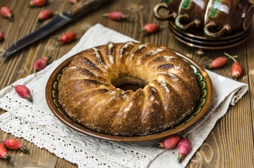 Curd pudding with semolina and apples seeding the powdered sugar   