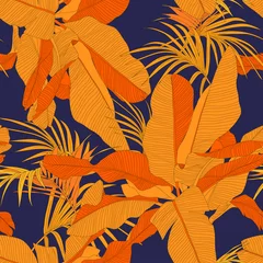 Photo sur Plexiglas Orange modèle sans couture de tissu tropical à la mode, feuilles de palmier rouge sur fond bleu marine foncé, illustration vectorielle