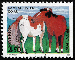 Fototapeta premium Postage stamp Sweden 1992 Horses, Children's Drawing