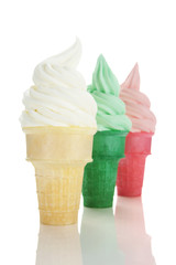 Three Flavors of Soft Serve Ice Cream Cones on White