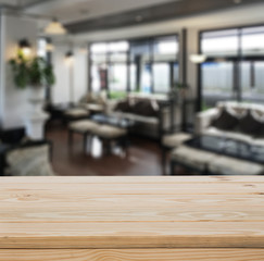 Wood table top with blur interior background