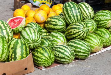 Fresh watermelons for sale at the local farmers market