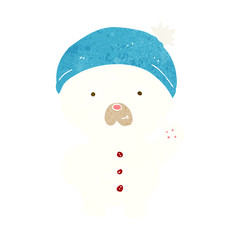 cartoon waving polar teddy bear in winter hat