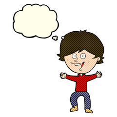 cartoon happy boy laughing with thought bubble