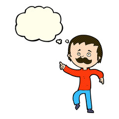 cartoon man with mustache pointing with thought bubble