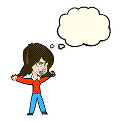 cartoon woman gesturing with thought bubble