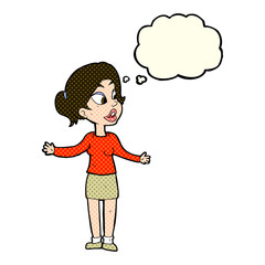 cartoon pretty woman explaining something with thought bubble
