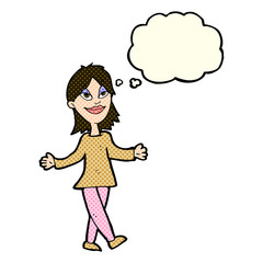 cartoon woman with no worries with thought bubble