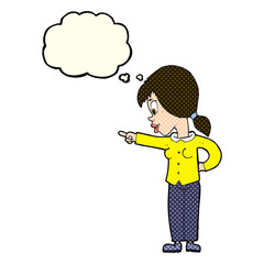 cartoon enthusiastic woman pointing with thought bubble